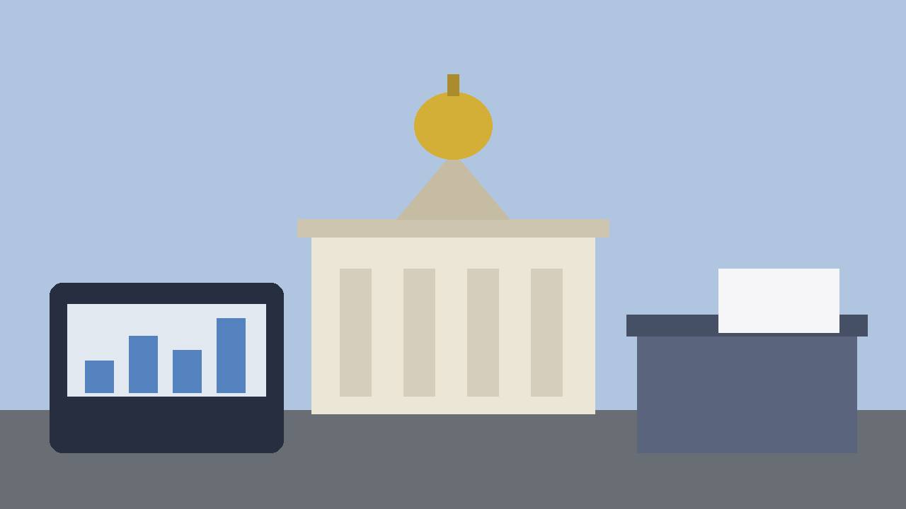 Editorial illustration of a generic gold-domed state capitol, a plain data dashboard and a ballot box, flat style, no real person or place depicted, no text