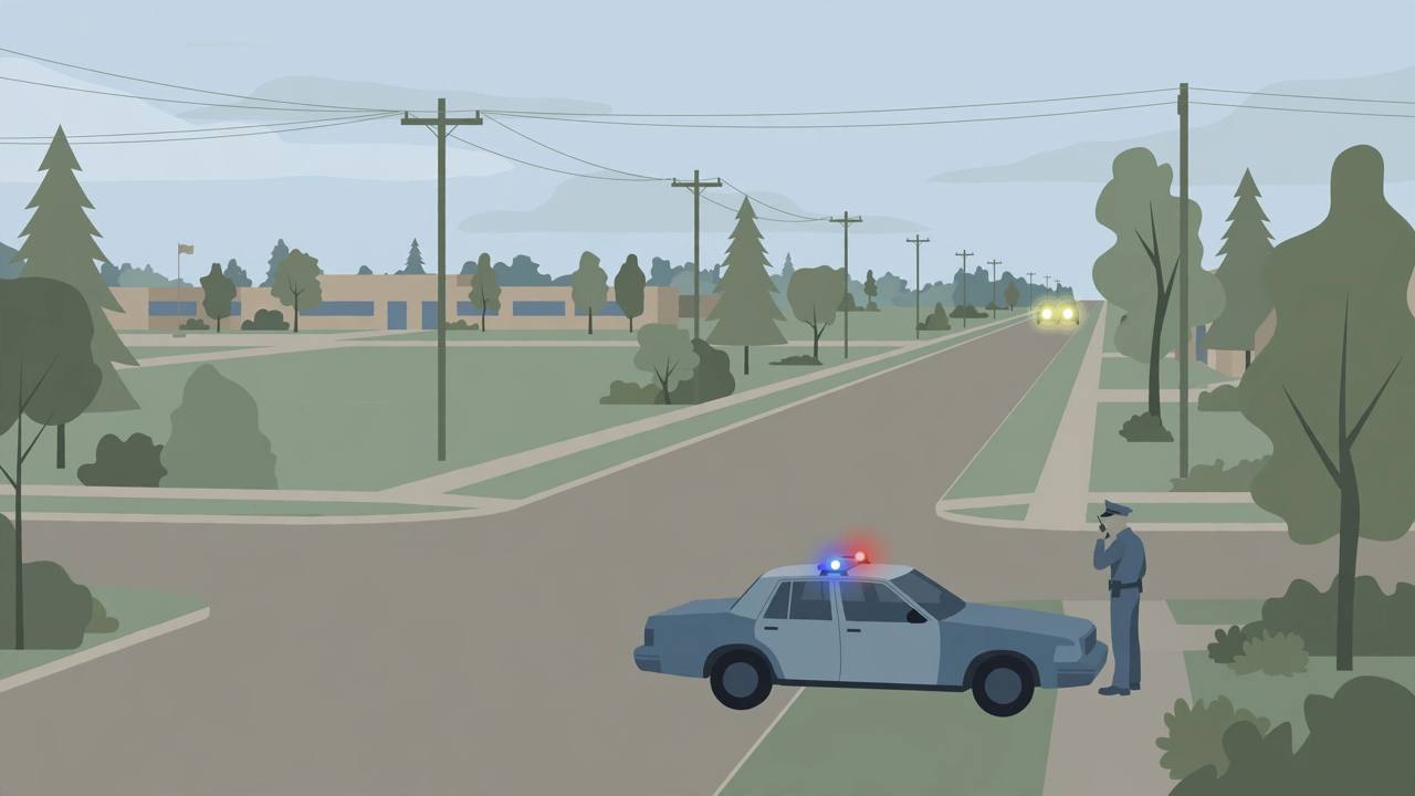 Editorial illustration of a police patrol car stopped at a suburban Georgia intersection, with a generic officer on the sidewalk and a school building in the distance