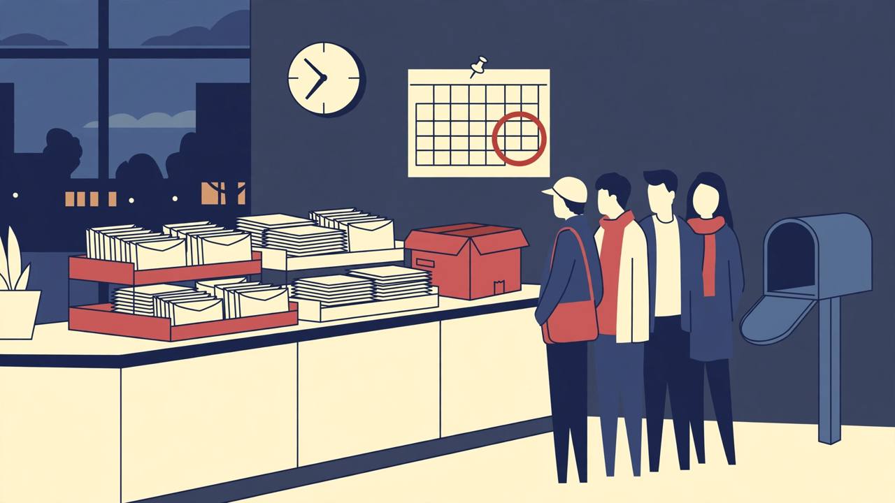 Editorial illustration of an elections office counter stacked with mail ballot envelopes, an express courier box, voters waiting and an empty mailbox