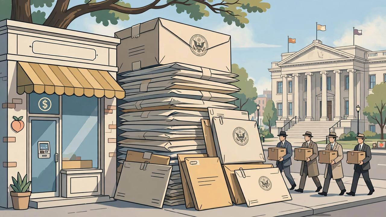 Editorial illustration of a generic check-cashing storefront in Georgia with a stack of oversized government mail envelopes and a courthouse in the background