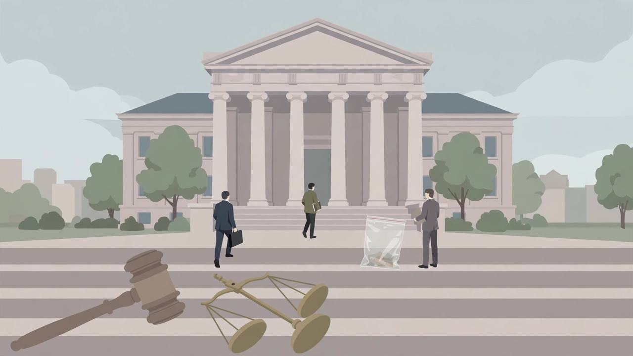 Editorial illustration of a generic American federal courthouse with columns, a judge's gavel and scales of justice in the foreground, flat style, no real person depicted