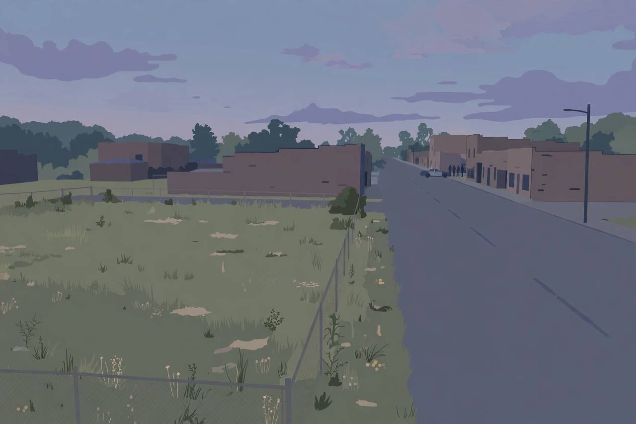Editorial illustration of a quiet Columbus, Georgia street corner at dusk with a vacant lot and a police car parked at a distance; the shooting itself is not depicted