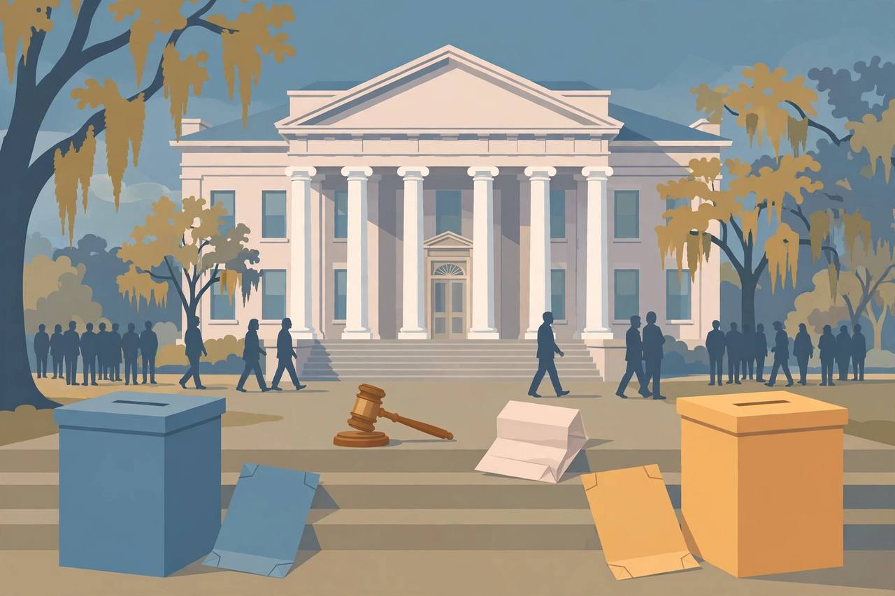 Editorial illustration of a Georgia courthouse with white columns, two ballot boxes in different colours, ballot envelopes and a gavel in the foreground, flat style, no real person depicted