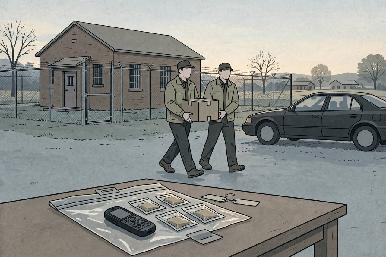 Editorial illustration of a generic Georgia county jail building at dawn with two generic investigators carrying a sealed evidence box to an unmarked car and an evidence bag with a generic phone in the foreground