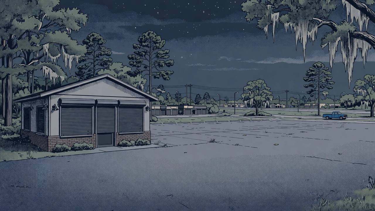 Editorial illustration of a quiet closed restaurant on a Georgia commercial highway at night with an empty parking lot, flat style, no real person or incident depicted