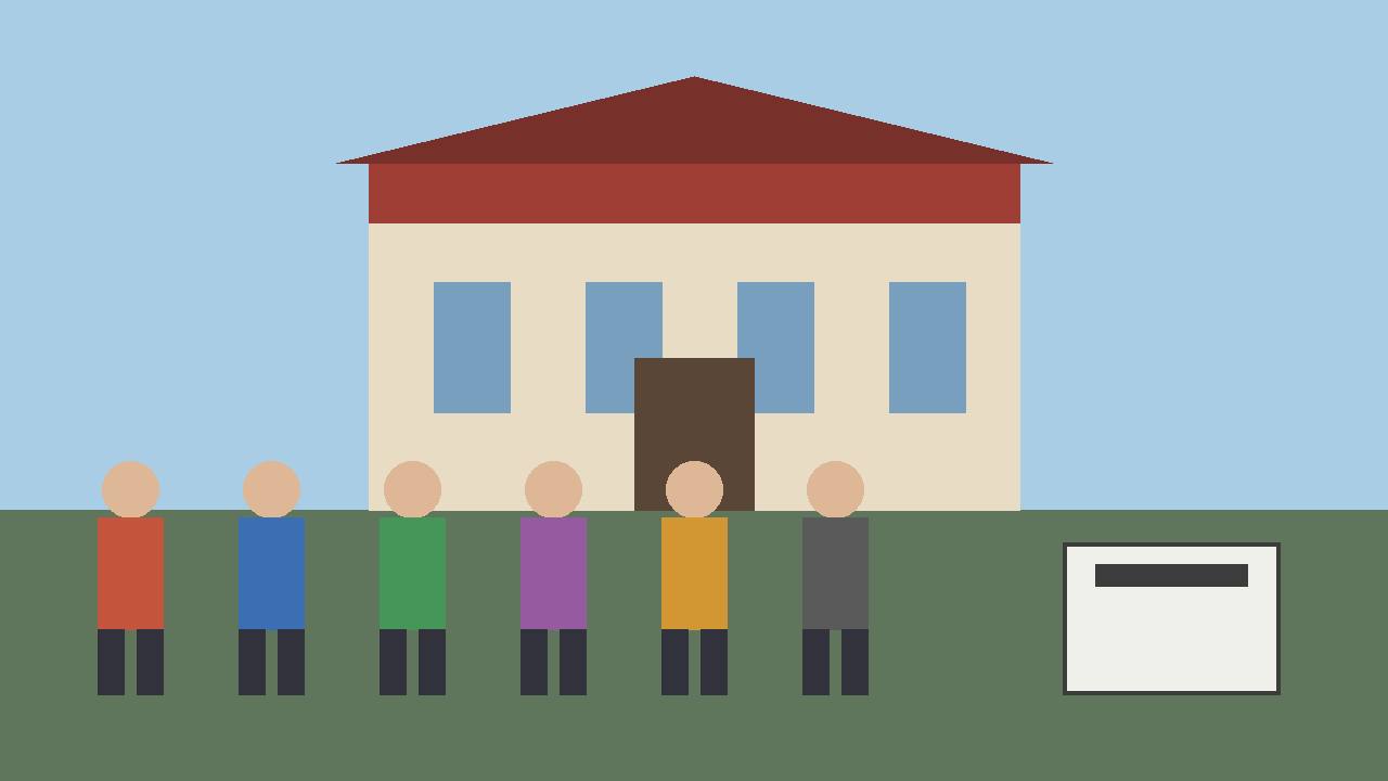 Editorial illustration of generic faceless voters queuing outside a polling-place building with a ballot box in the foreground, flat style, no real person, no text