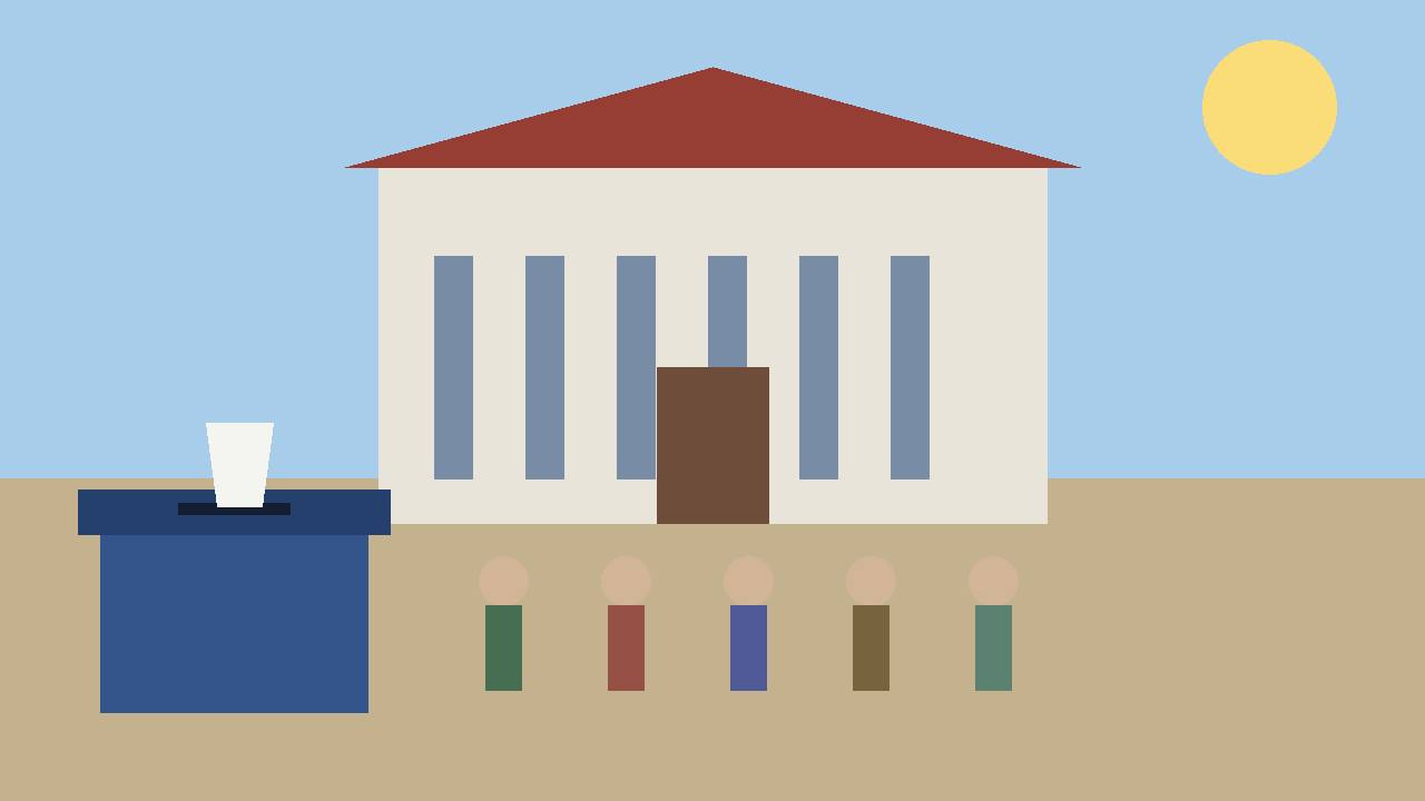 Editorial illustration of a generic polling place, a ballot box and a queue of generic voters in Georgia, flat style, no text, no real person or place depicted