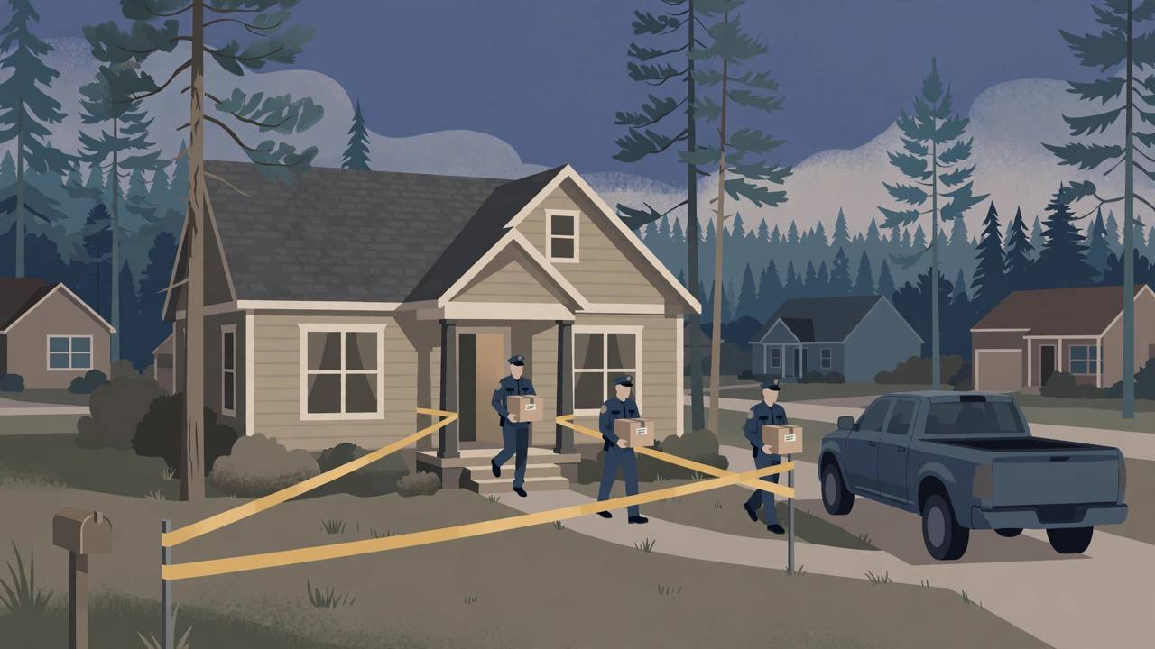 Editorial illustration of generic officers carrying sealed evidence boxes from a suburban Georgia house at dusk behind police tape, toward a pickup truck