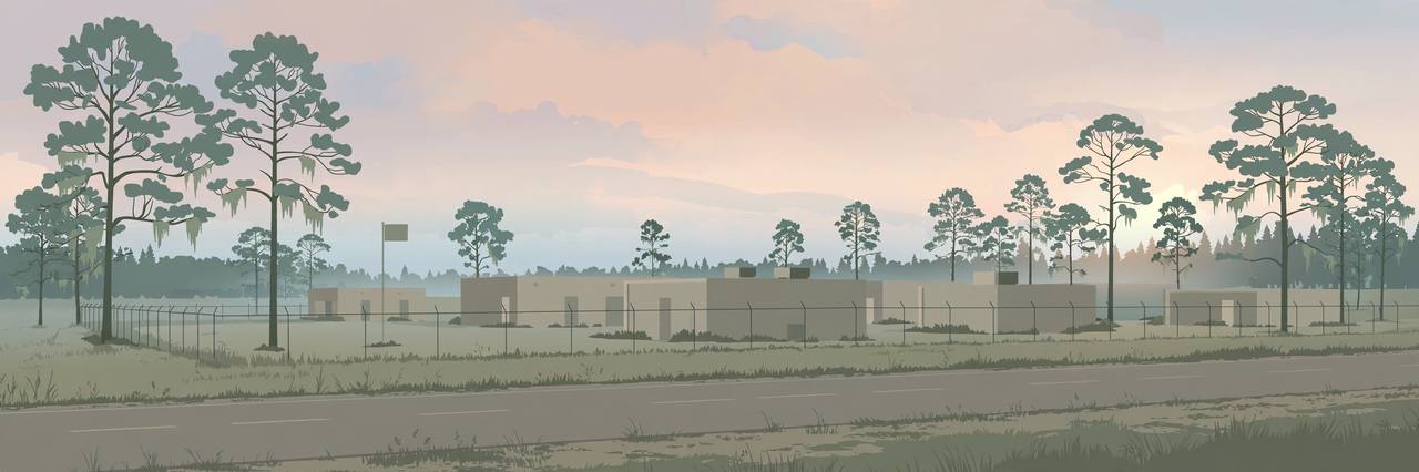 Editorial illustration of a generic detention facility exterior in rural Georgia at dawn, flat style, no people and no real location depicted