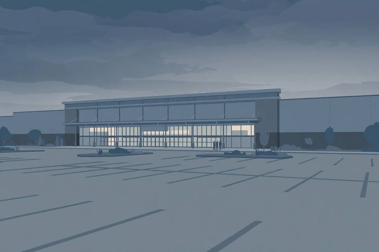 Editorial illustration of a large retail superstore at dusk with an empty parking lot, in muted somber tones