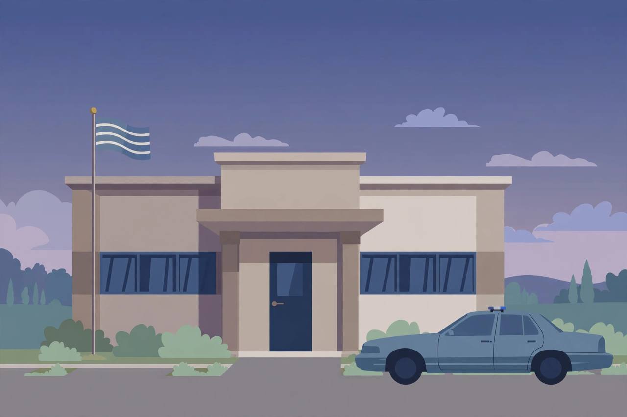 Editorial illustration of a county sheriff office building exterior at dusk with an empty patrol car, flat style, no text, no real person or incident depicted