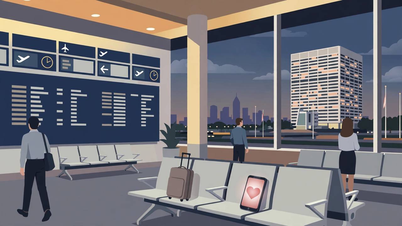 Editorial illustration of an Atlanta airport terminal at dusk with a departures board, a suitcase and a smartphone showing a heart symbol