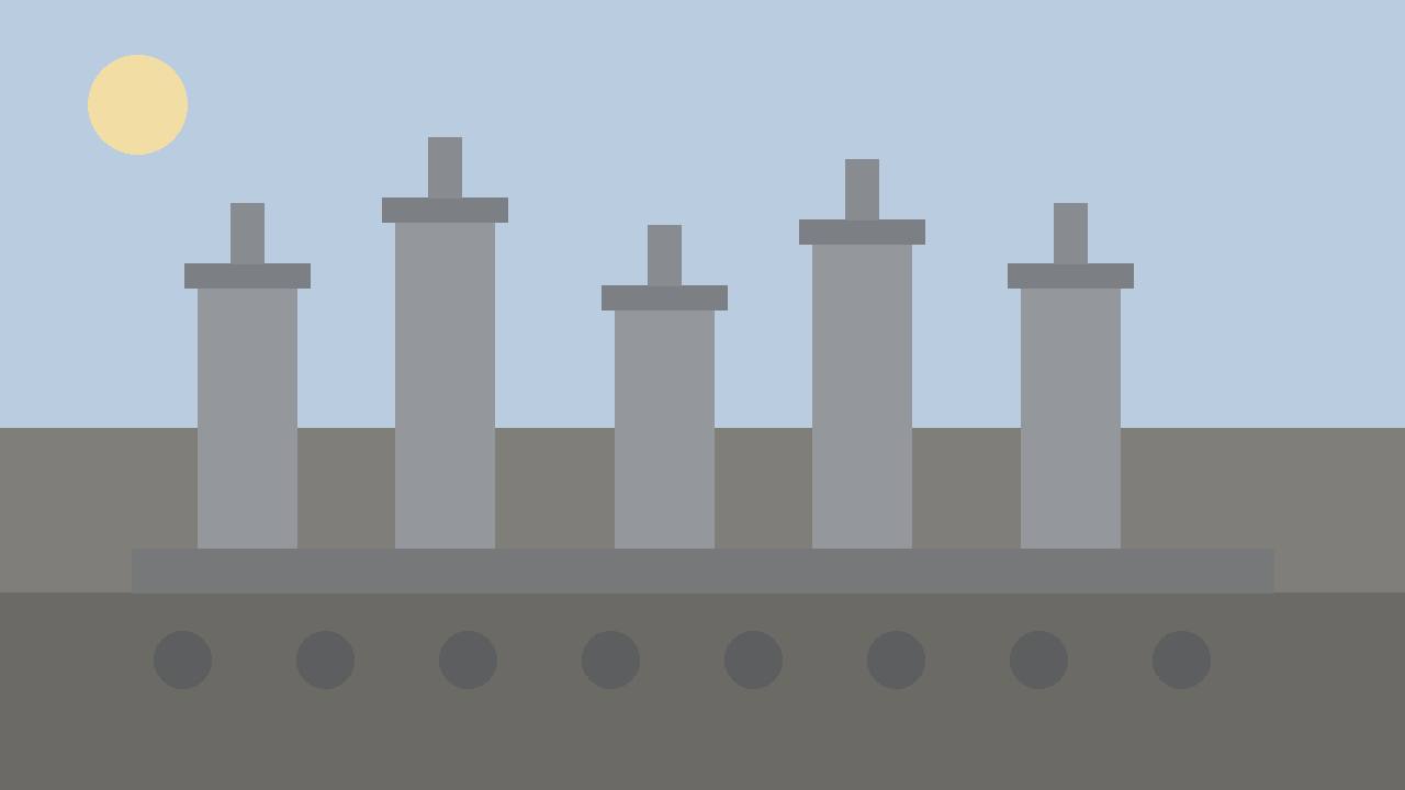 Editorial illustration of a generic oil refinery with towers at a flat coastal site, flat style, no people, no text, no real place or company depicted
