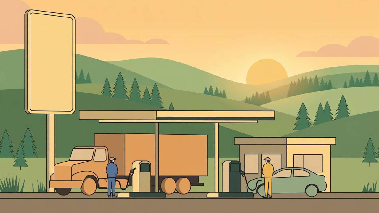 Editorial illustration of a Georgia highway fuel station with a generic truck and car at the pumps and a blank price sign, green hills behind — no real person's face is shown