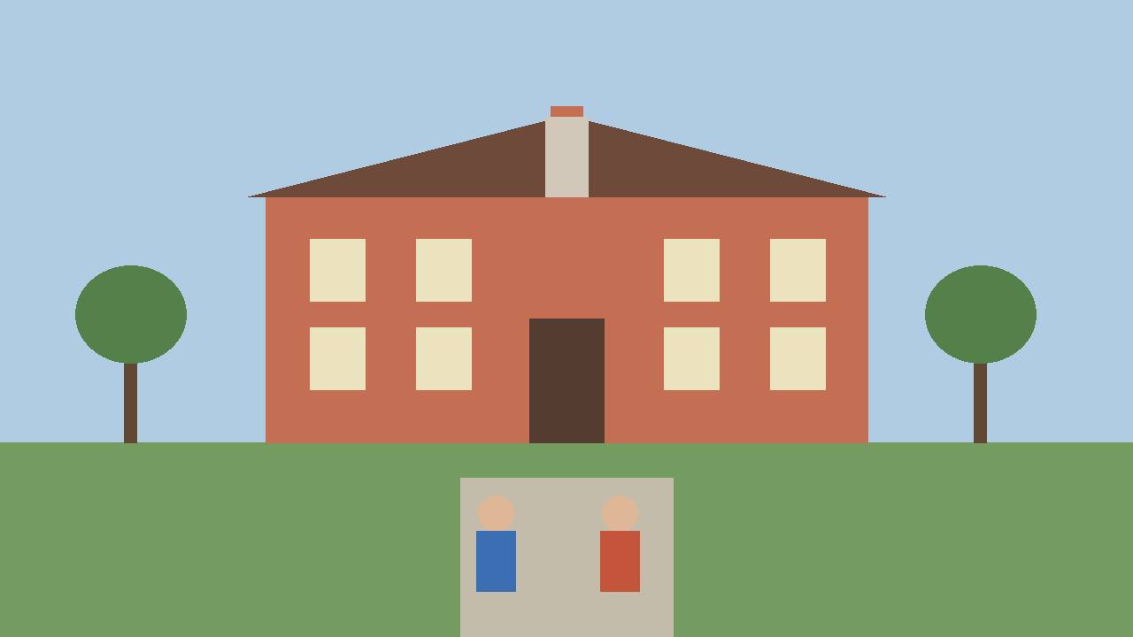 Editorial illustration of a generic red-brick college hall with a clock tower, lawn and walkway with faceless generic students, flat style, no real person, no text