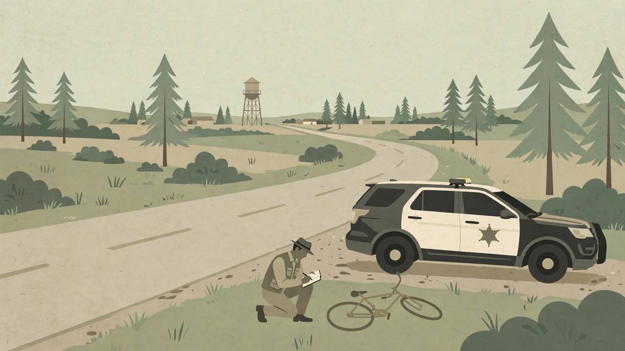 Editorial illustration of a generic investigator by a patrol vehicle and a bicycle on a rural Georgia road, flat style, no text, no real person depicted