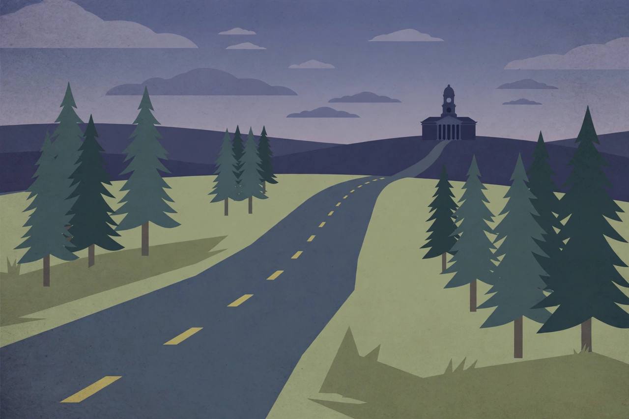 Editorial illustration of a quiet rural Georgia road at dusk, respectful and somber, with no crash depicted