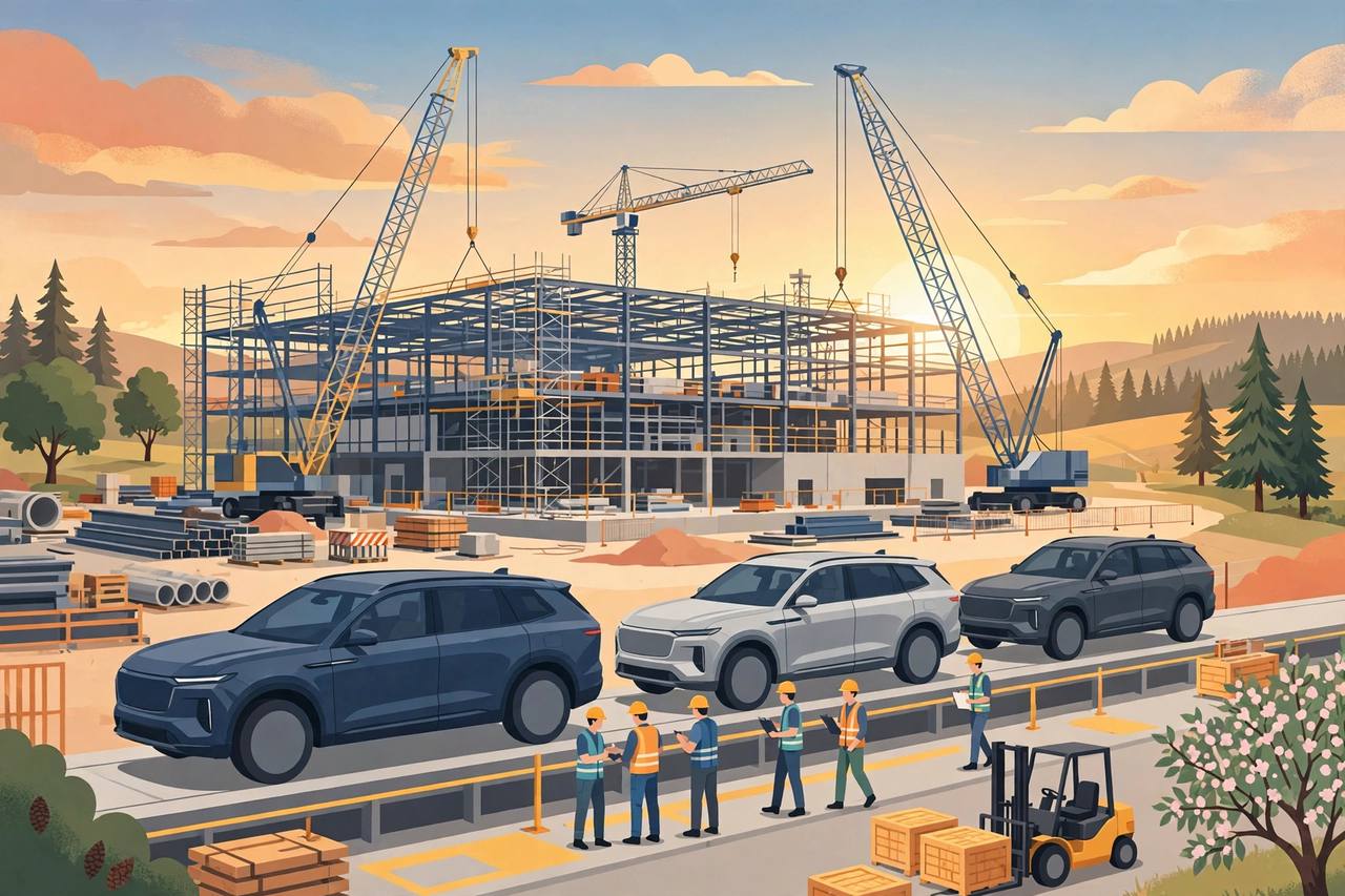 Editorial illustration of a large car factory under construction in Georgia with cranes, generic premium SUVs and generic workers; no real person is depicted
