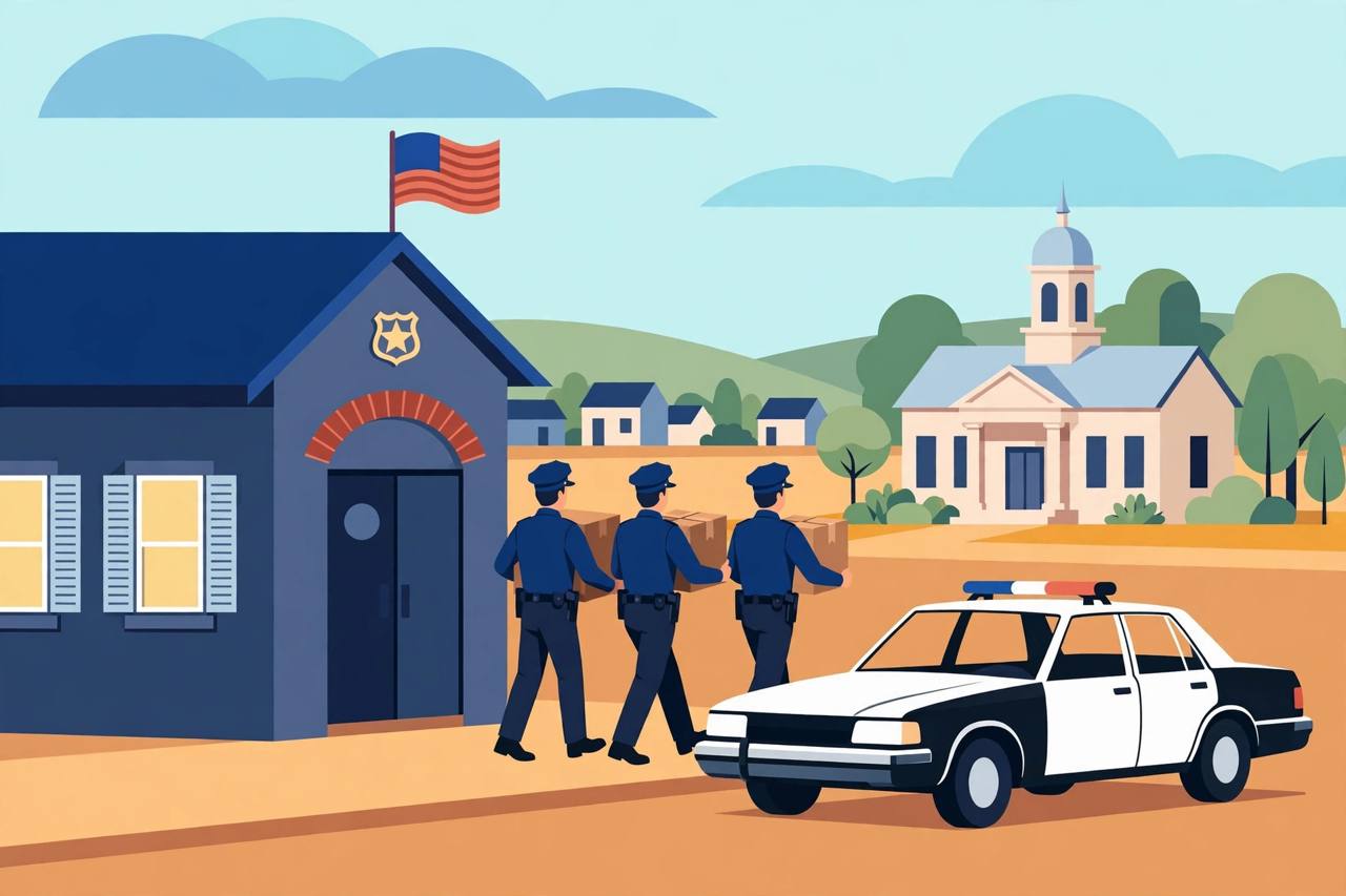 Editorial illustration of a generic small-town police station in Georgia with generic officers walking away carrying boxes and an empty patrol car, flat style, no text, no real person or place depicted