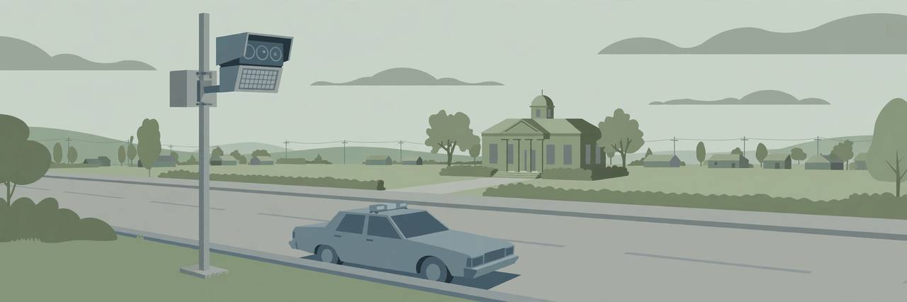 Editorial illustration of an automated license plate reader camera on a pole over a suburban road in Georgia with a generic police car and a small courthouse in the background