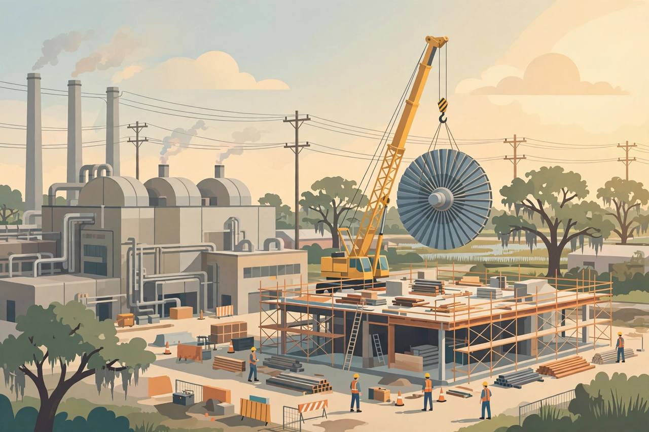 Editorial illustration of a gas turbine factory expansion under construction in Savannah, Georgia, with a crane lifting a turbine rotor and generic workers, flat style, no real person depicted