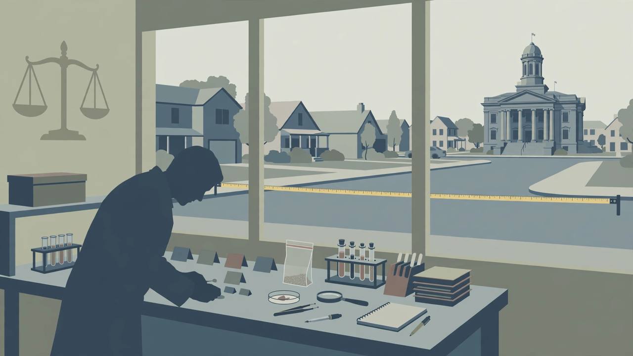 Editorial illustration of a forensic laboratory and a Georgia courthouse, flat style, no text and no real person's face