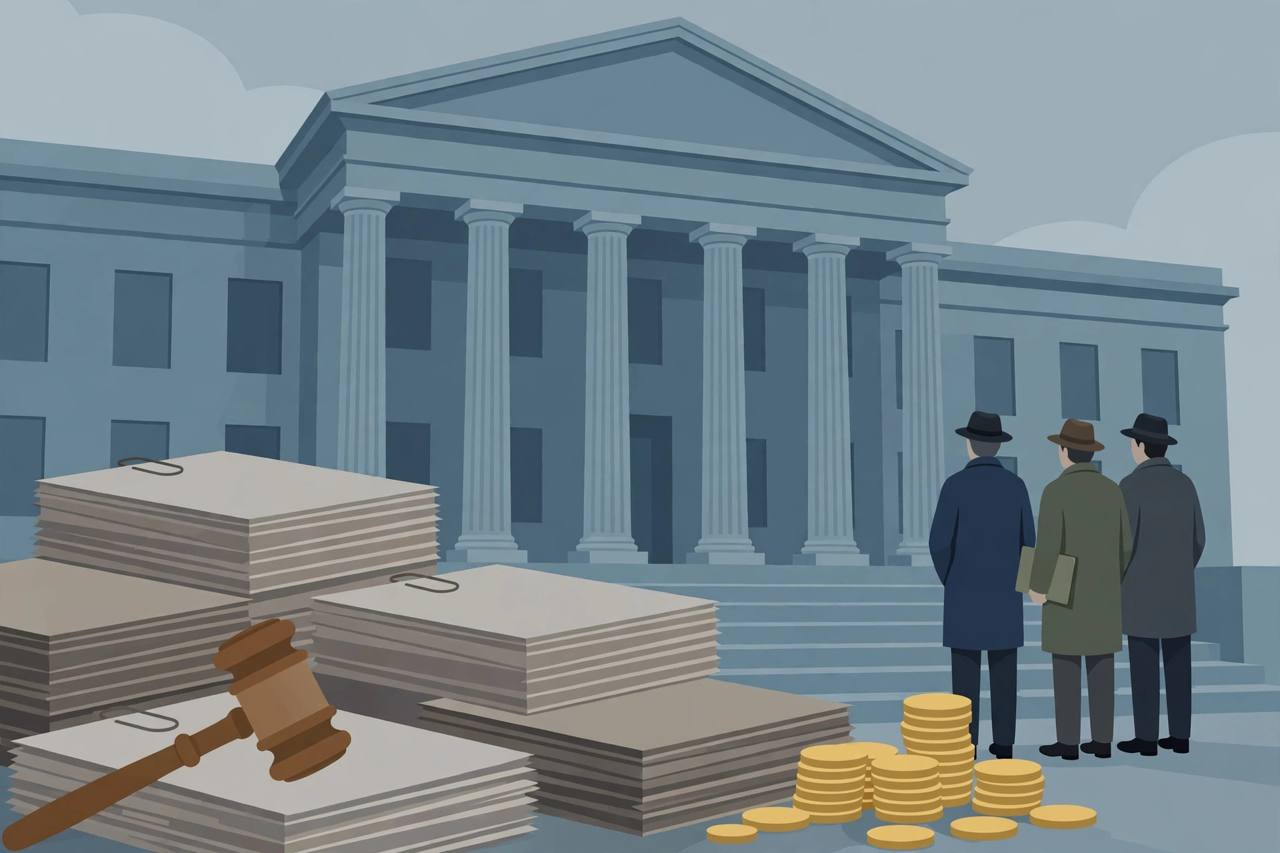 Editorial illustration of a generic federal courthouse in Georgia with a gavel and stacked financial documents, flat style, no text and no real person's face