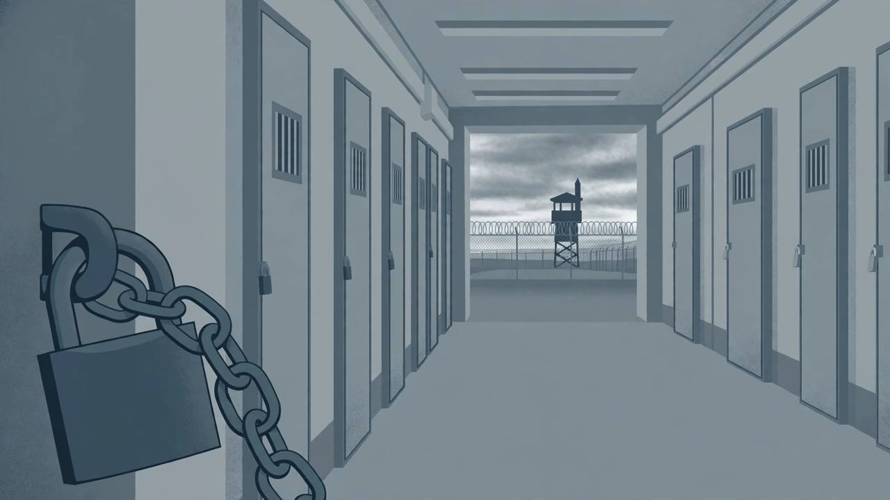 Editorial illustration of a locked prison corridor with chained padlock, rows of closed cell doors and a watchtower beyond a razor-wire fence