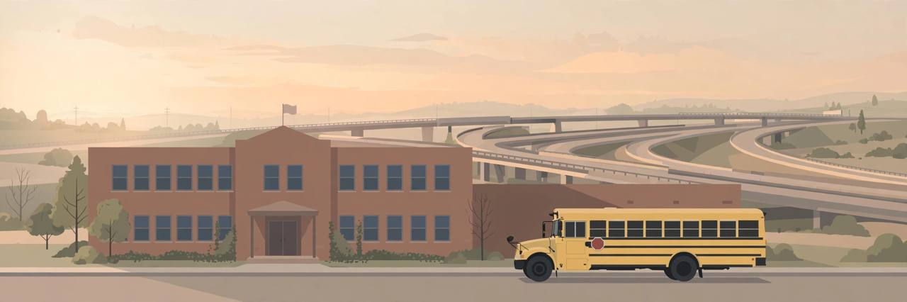 Editorial illustration of a yellow school bus parked safely in front of a school building with a highway interchange behind, flat style, no people, no text