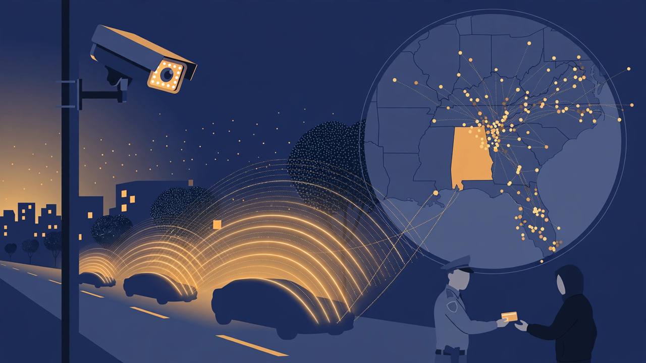 Editorial illustration of a generic license-plate camera scanning cars on a Georgia street at dusk, flat style, no text, no real person depicted