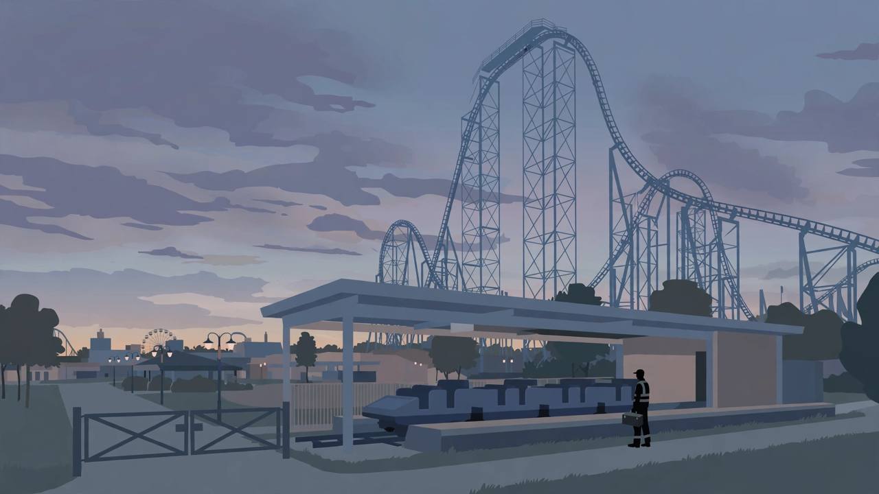Editorial illustration of a large roller coaster and an empty parked coaster train at dusk, flat style, somber tones, no people riding, no text
