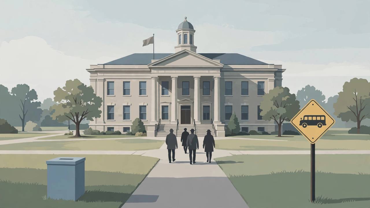 Editorial illustration of a generic Georgia county courthouse with a ballot box and a school bus stop sign in the foreground, generic figures walking toward the steps