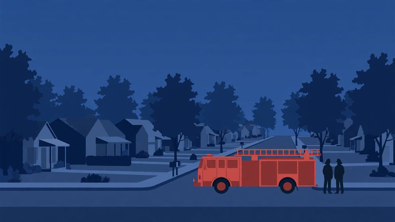 Editorial illustration of a fire engine parked quietly on a tree-lined residential street at dusk, generic firefighter silhouettes beside it, no fire shown — no real person's face is shown