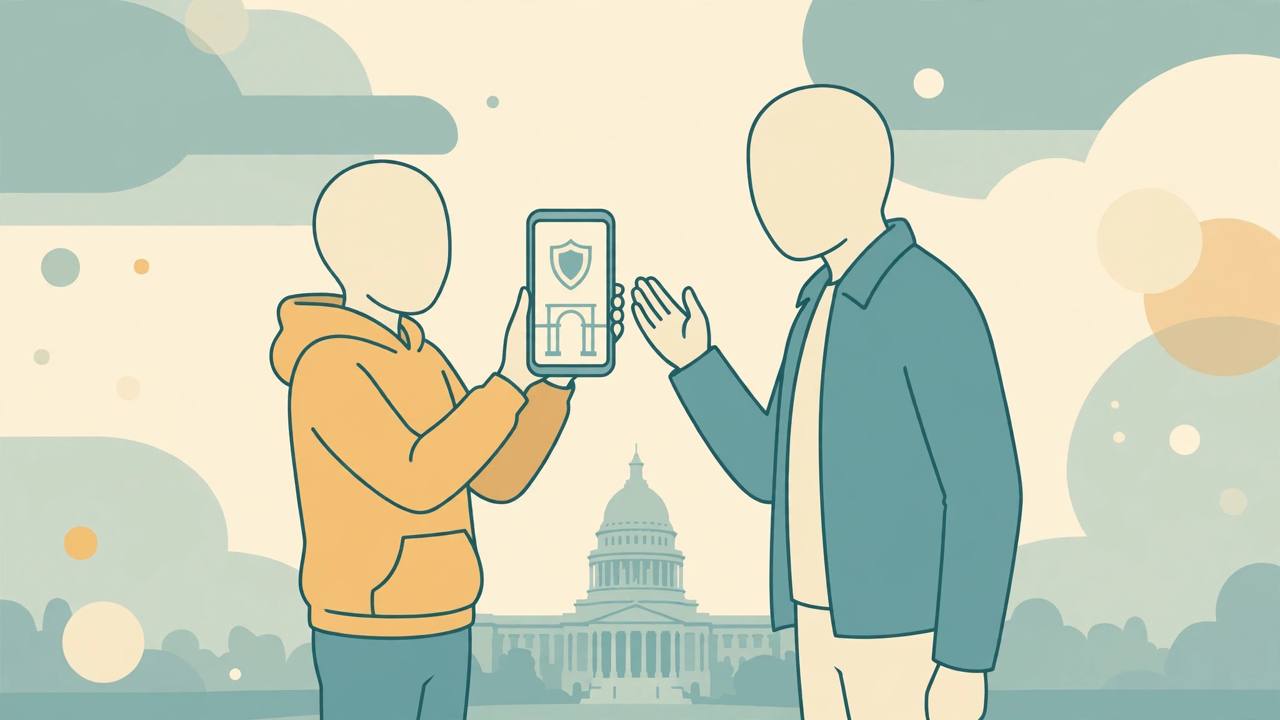 Editorial illustration of a teenager holding a smartphone showing a shield age-check symbol beside a parent, with a state capitol dome in the background