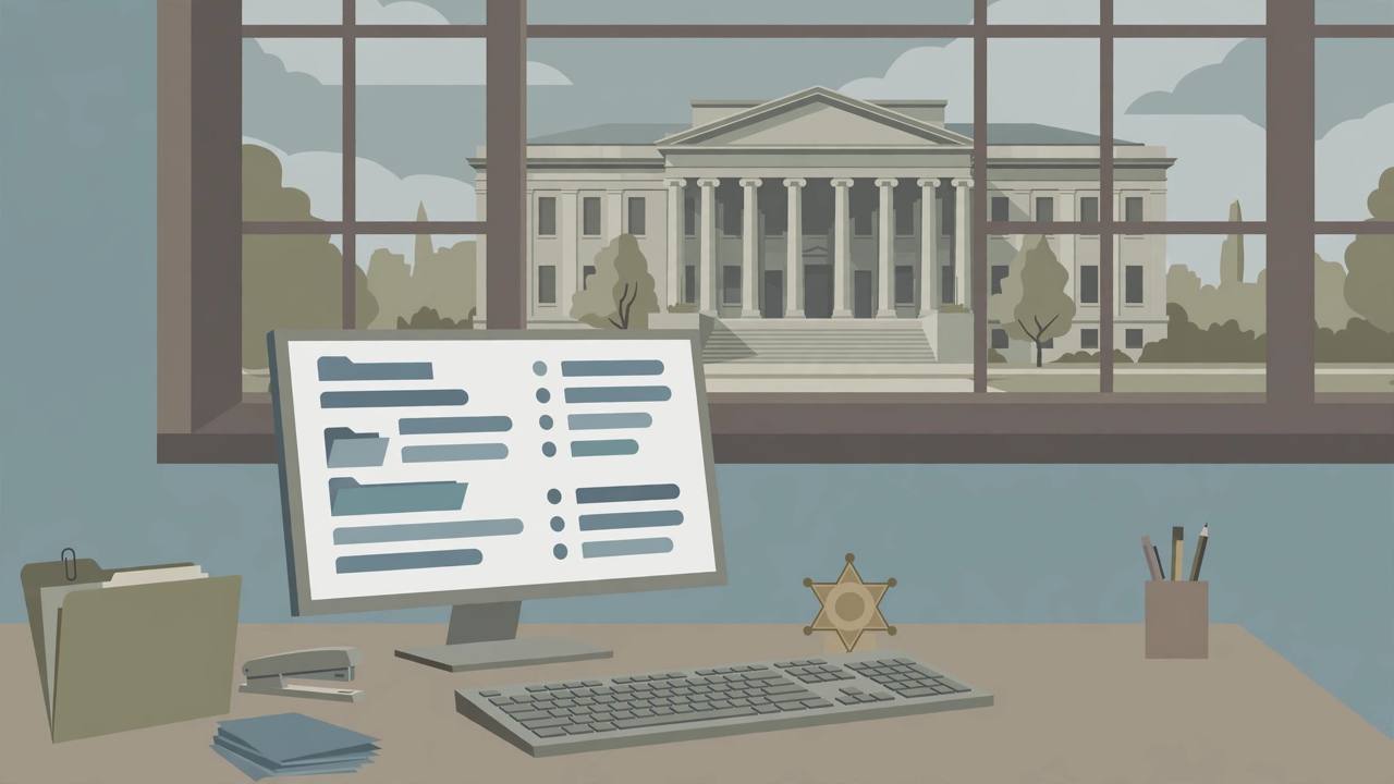 Editorial illustration of a generic sheriff's office desk with a computer showing abstract record files, a badge and a courthouse in the background — flat style, no real person depicted