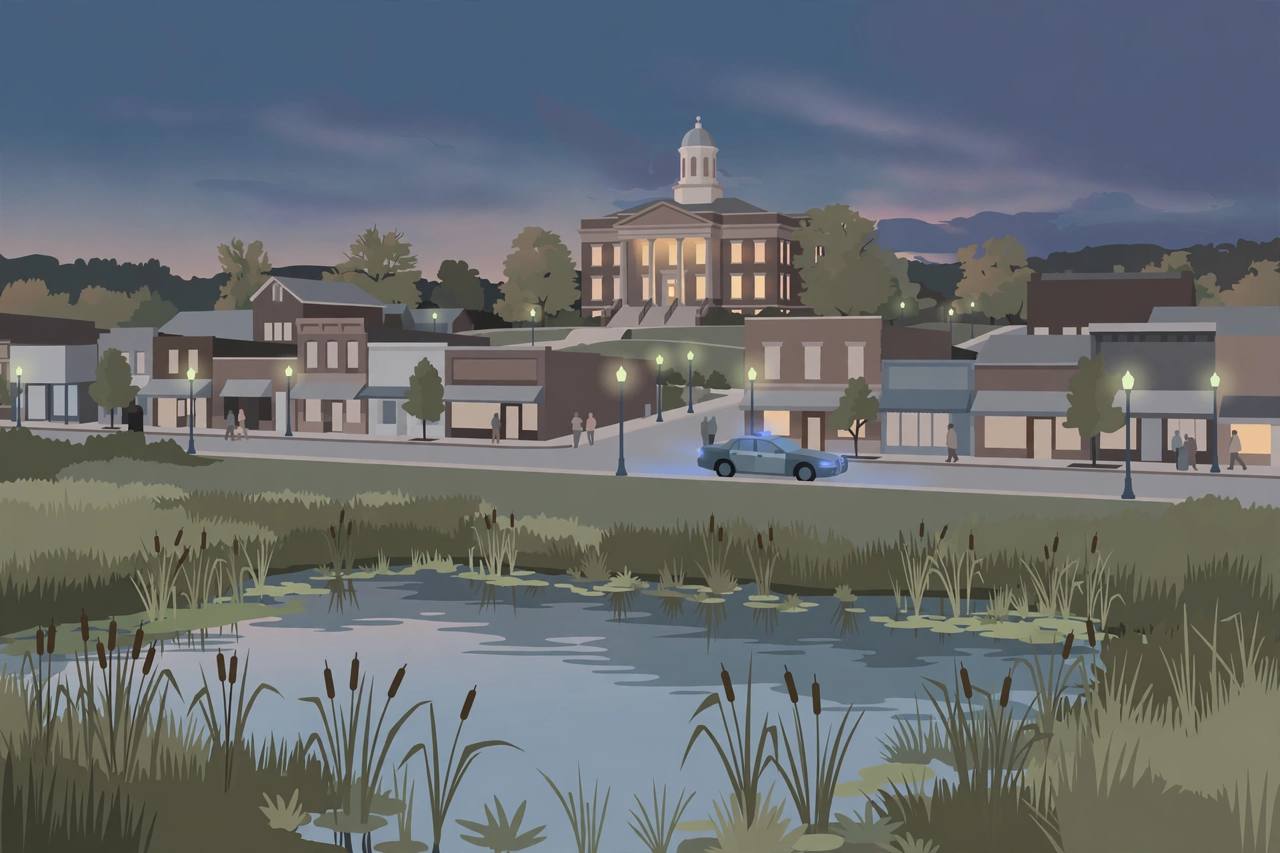 Editorial illustration of a small-town Georgia main street at dusk with a courthouse, a quiet retention pond and a parked police car