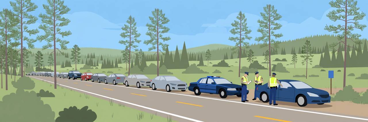 Editorial illustration of a rural Georgia road with a patrol car conducting a roadside vehicle check and a line of generic cars, flat style, no real person depicted