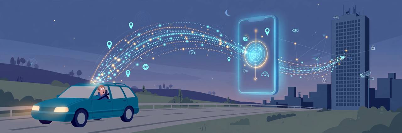 Editorial illustration of a car on a highway at dusk with streams of glowing data dots flowing from it into a giant smartphone and on to an office tower