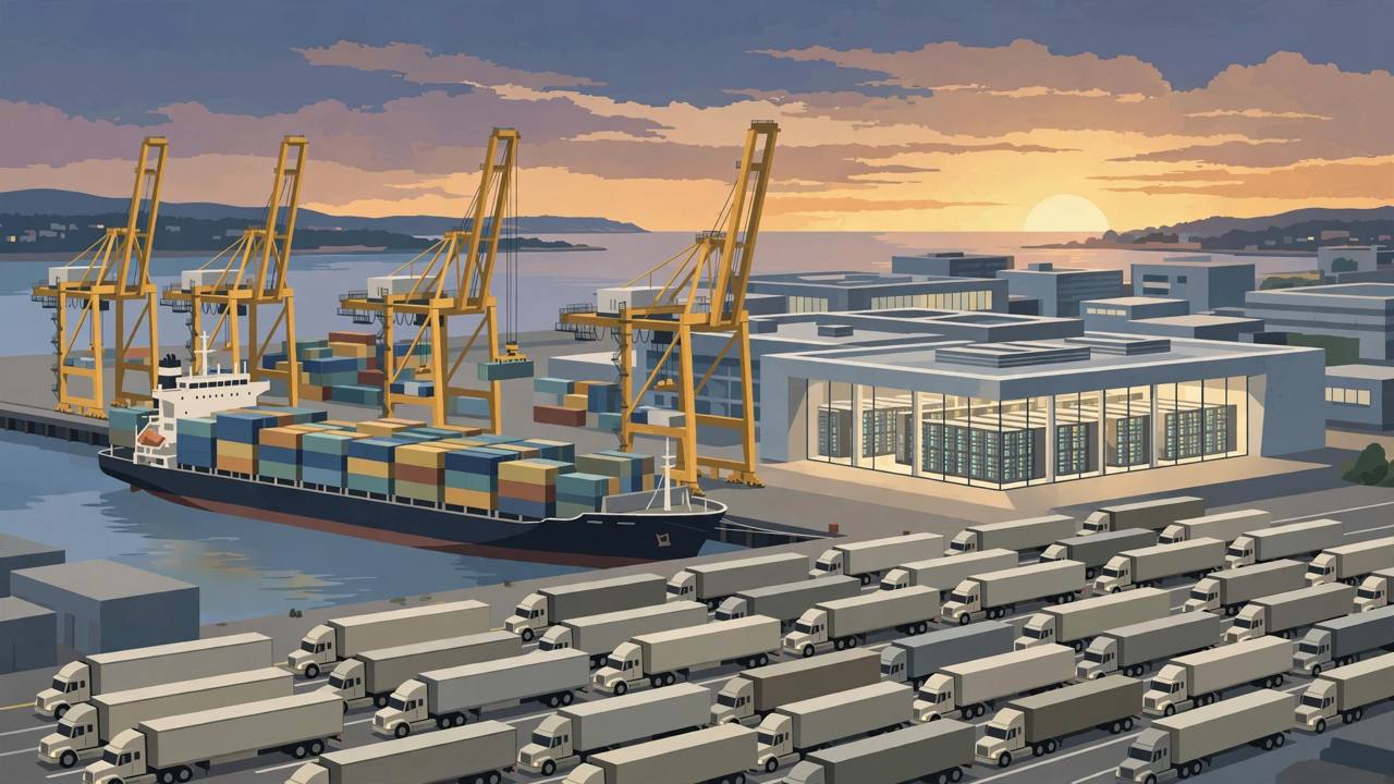 Editorial illustration of a busy American container port with cranes, stacked containers, waiting semi trucks and a data centre building behind