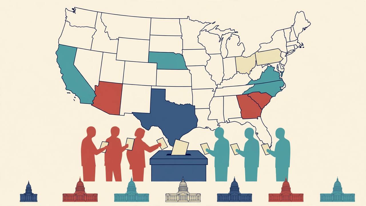 Editorial illustration of a United States map with highlighted states, generic voters placing ballots in a ballot box, and state capitol buildings
