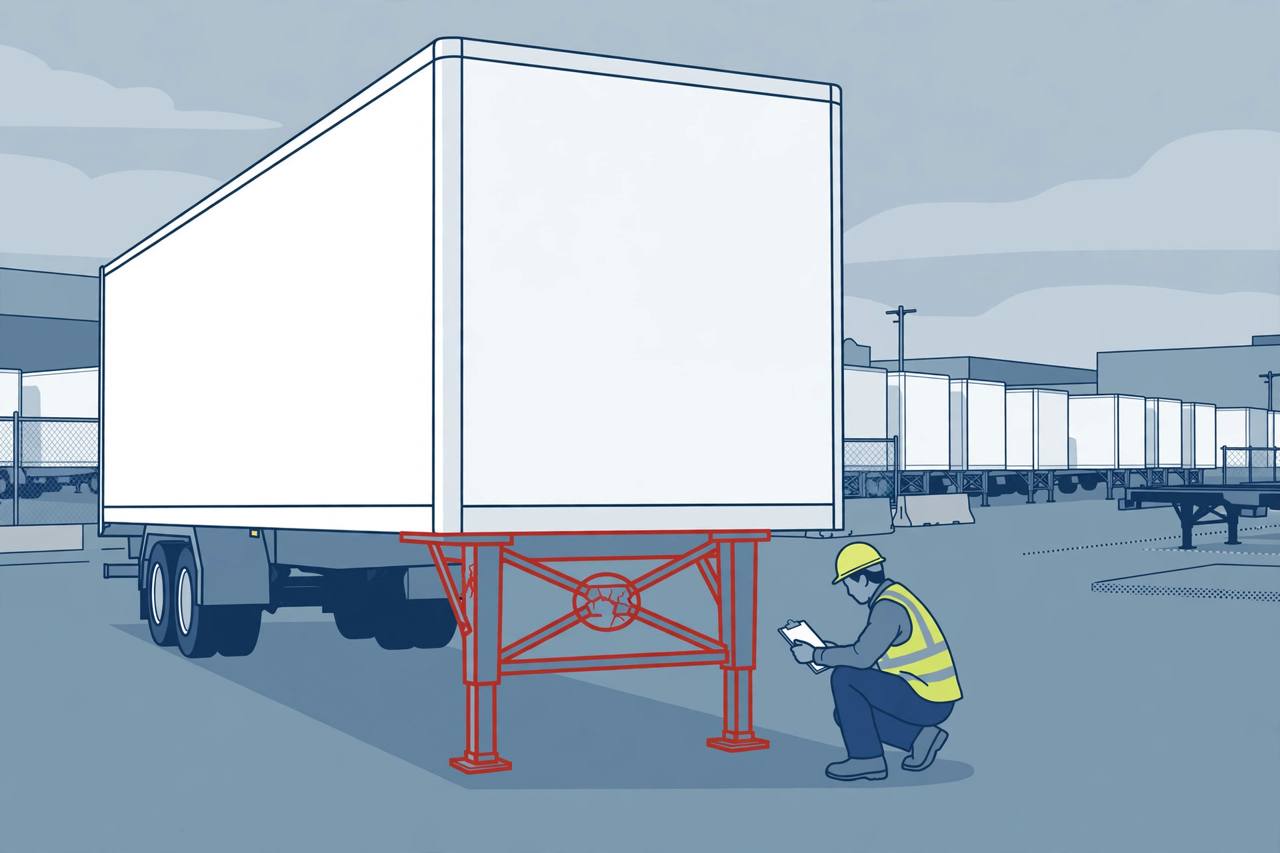 Editorial illustration of a mechanic inspecting the landing gear legs of a parked white semi van trailer in a freight yard, with a cracked K-brace weld highlighted