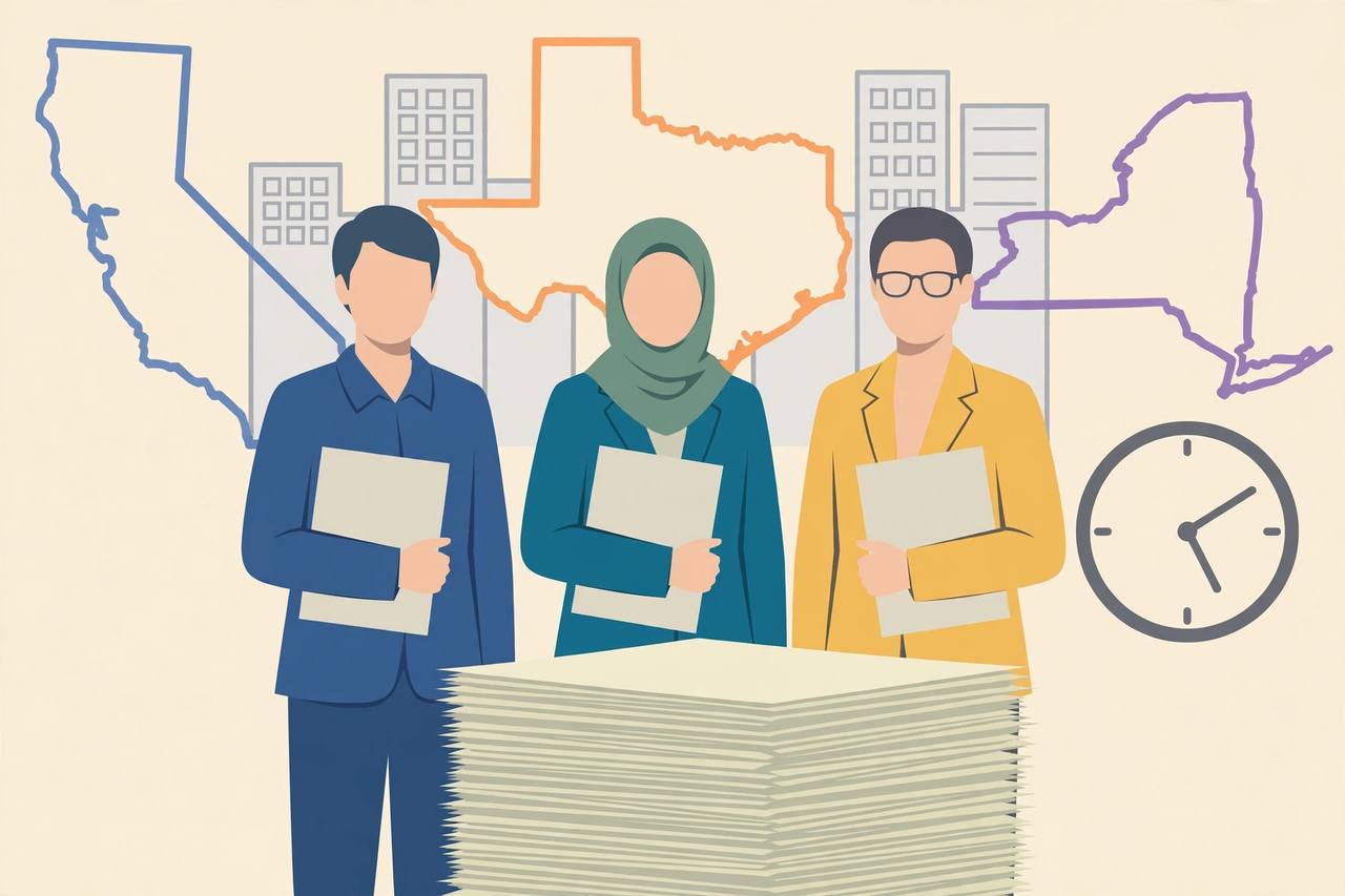Editorial illustration of generic professional figures holding blank folders before outlines of California, Texas and New York, a large stack of papers and a clock, flat style, no real person depicted