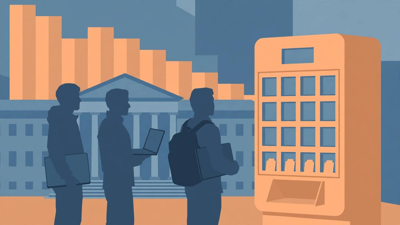 Editorial illustration of generic IT professionals with laptops before a US government building, a mostly empty lottery machine and a falling bar chart, flat style, no real person depicted