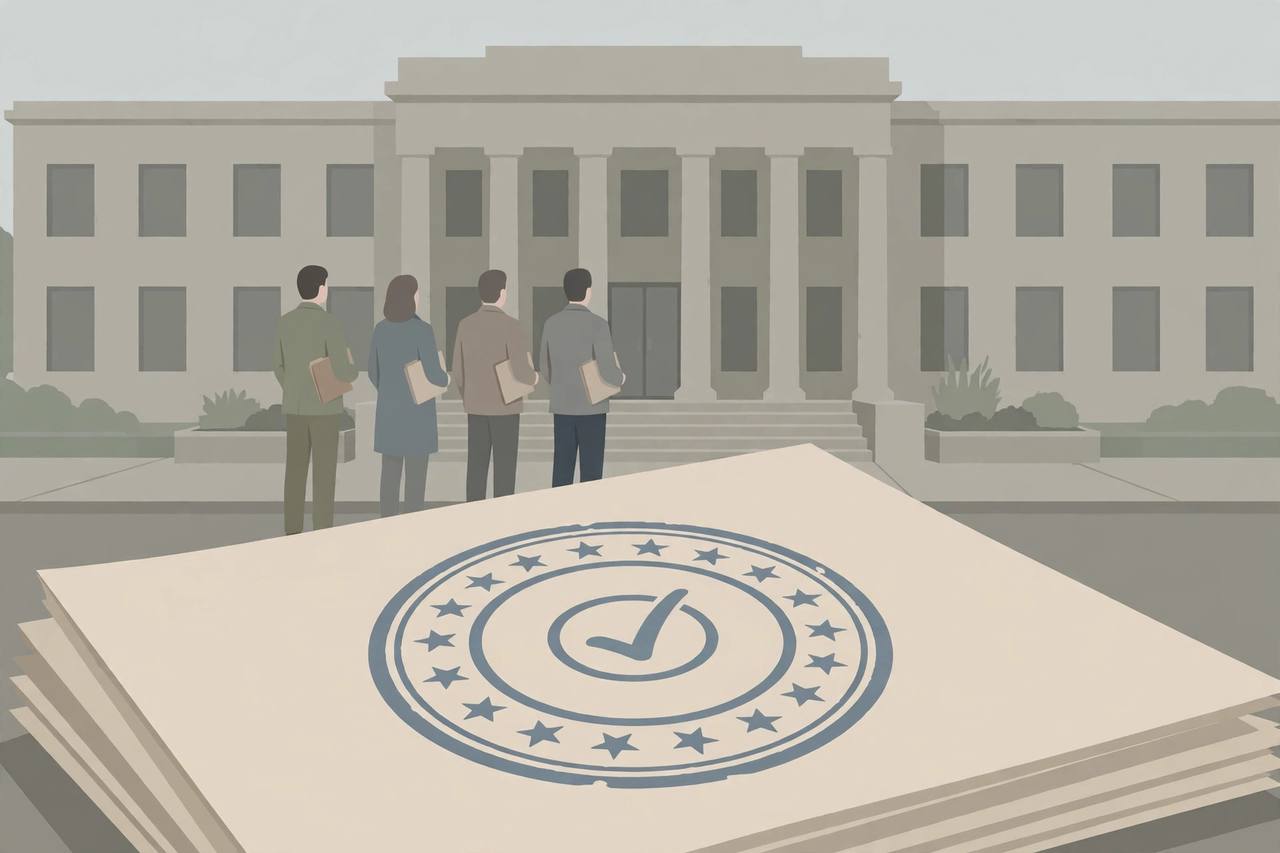 Editorial illustration of generic workers with petition folders outside a US federal office building, flat style, no real person depicted