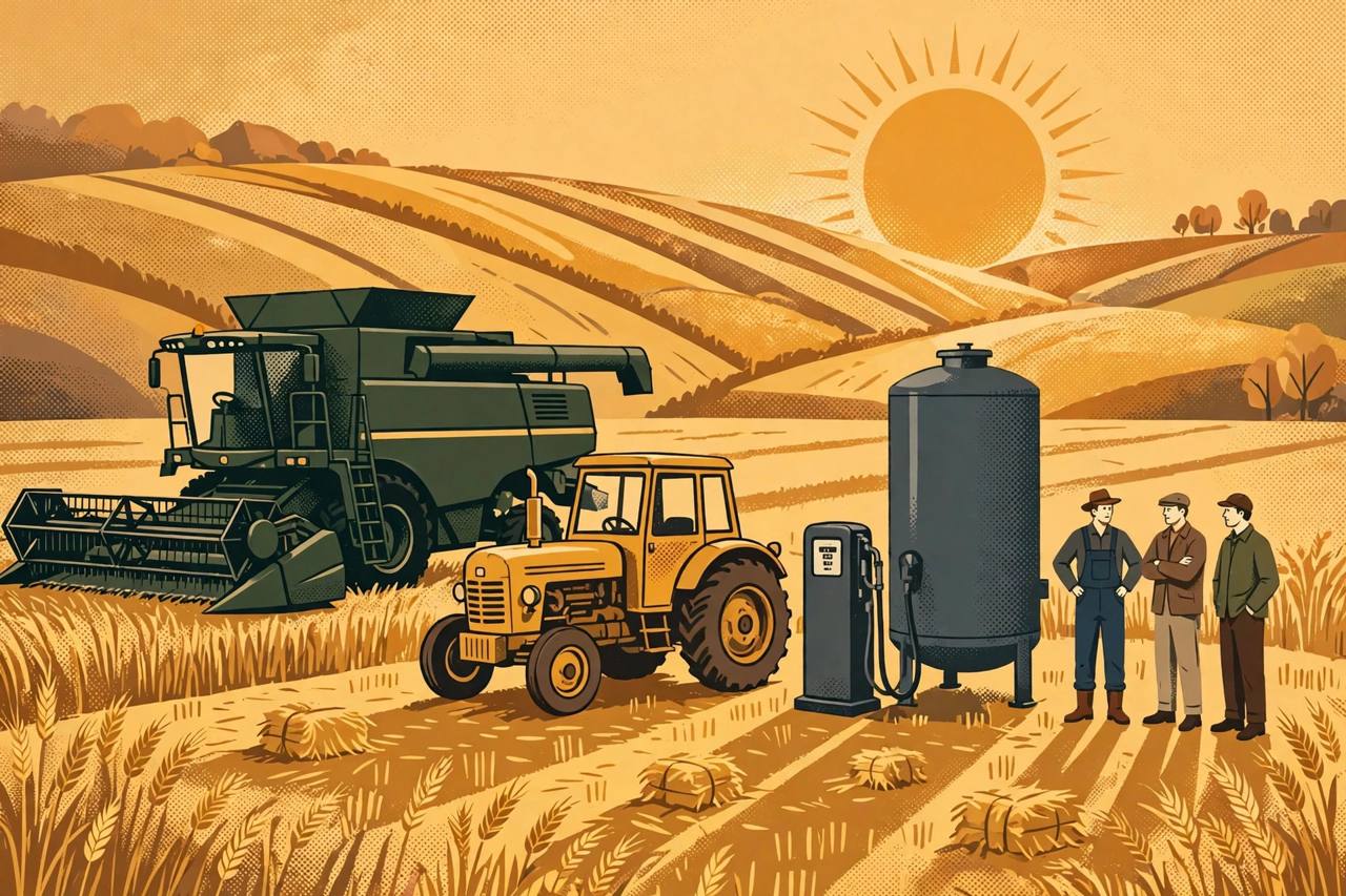 Editorial illustration of a combine harvester and tractor in a golden wheat field beside a diesel fuel tank