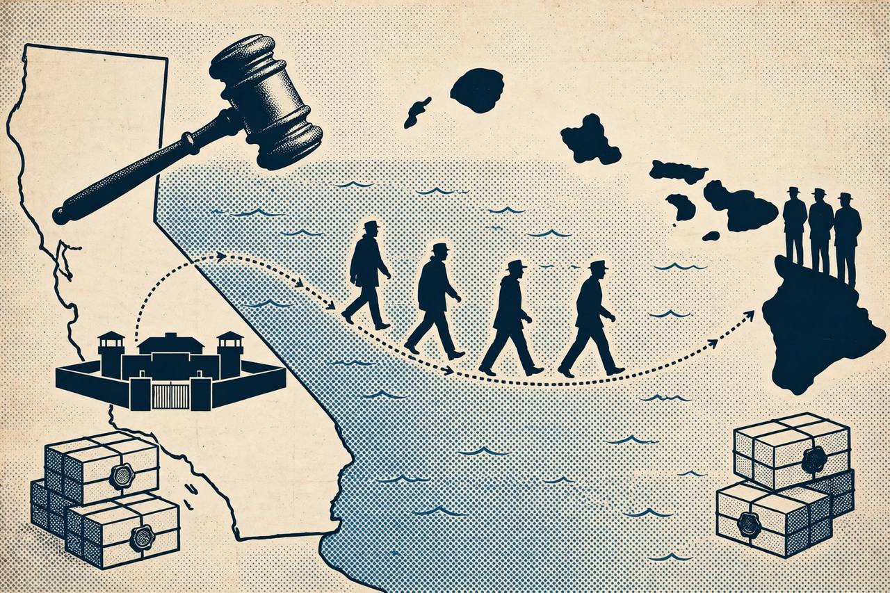 Editorial illustration of a Pacific route from California to Hawaii with sealed evidence boxes, a courthouse gavel and generic federal agents in silhouette