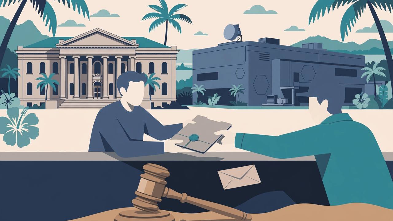 Editorial illustration of a Honolulu courthouse and a military technology laboratory in Hawaii, with a contract folder and an envelope changing hands in shadow