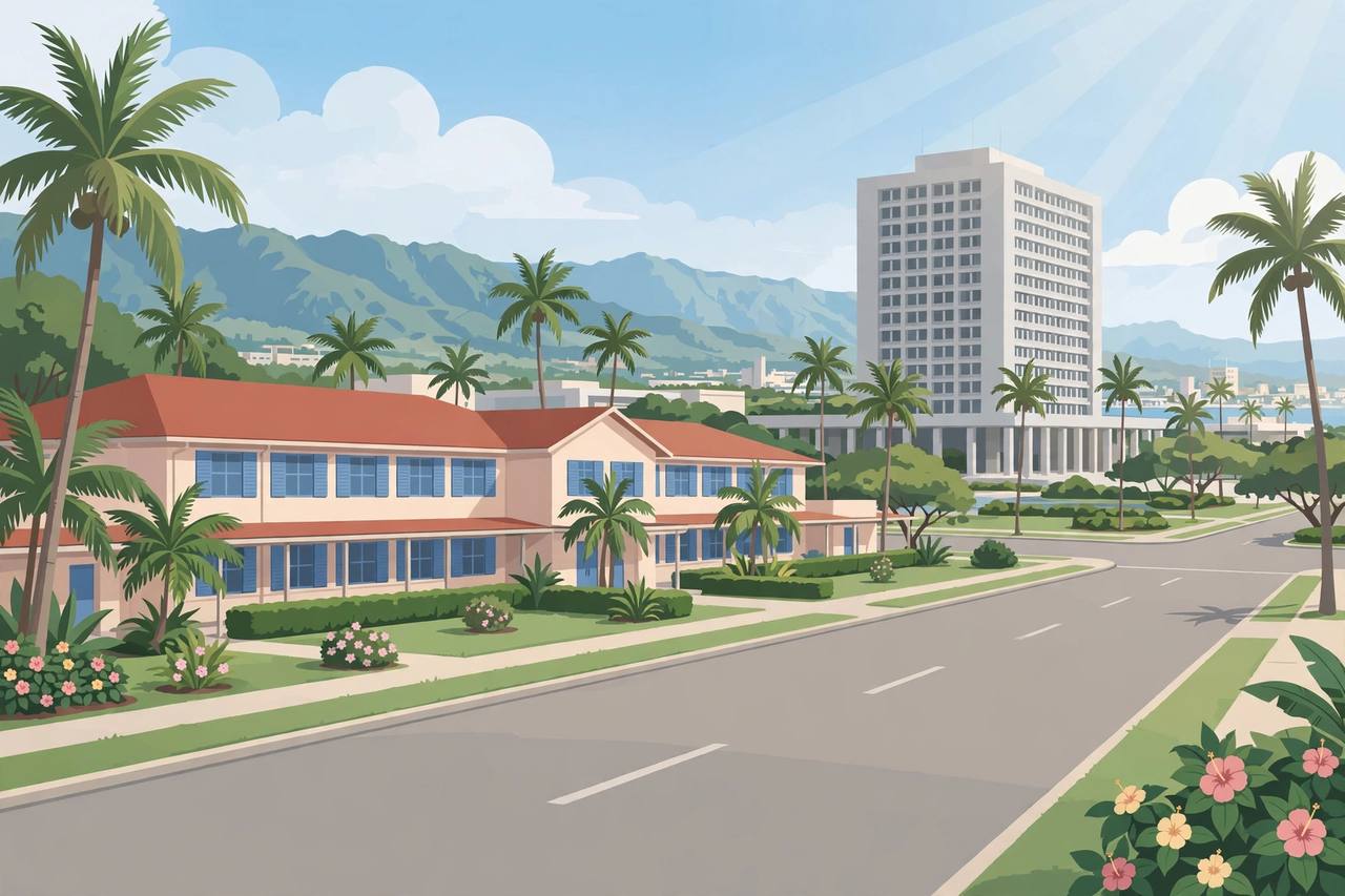 Editorial illustration of a generic elementary school building in Honolulu, Hawaii with palm trees and a federal courthouse in the background, no people faces and no text