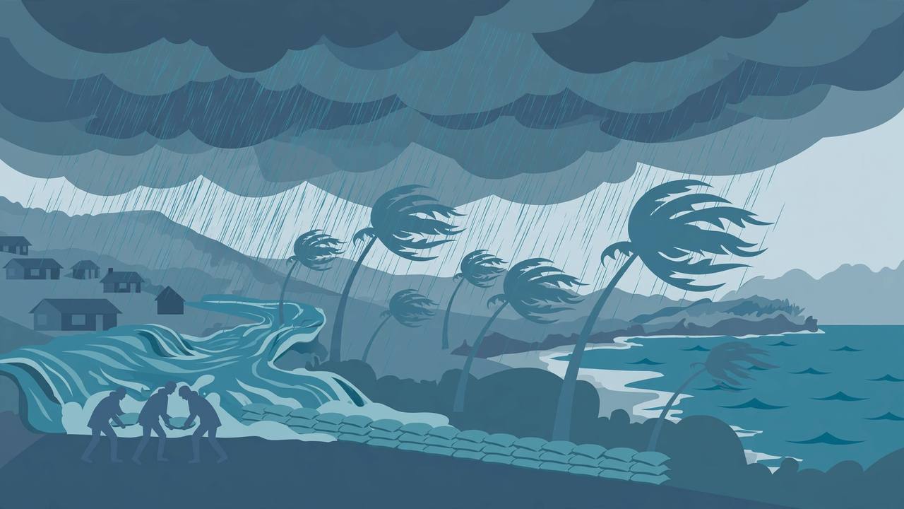 Editorial illustration of heavy tropical rain over a Hawaiian coastline, a swollen stream, closed road and generic figures with sandbags