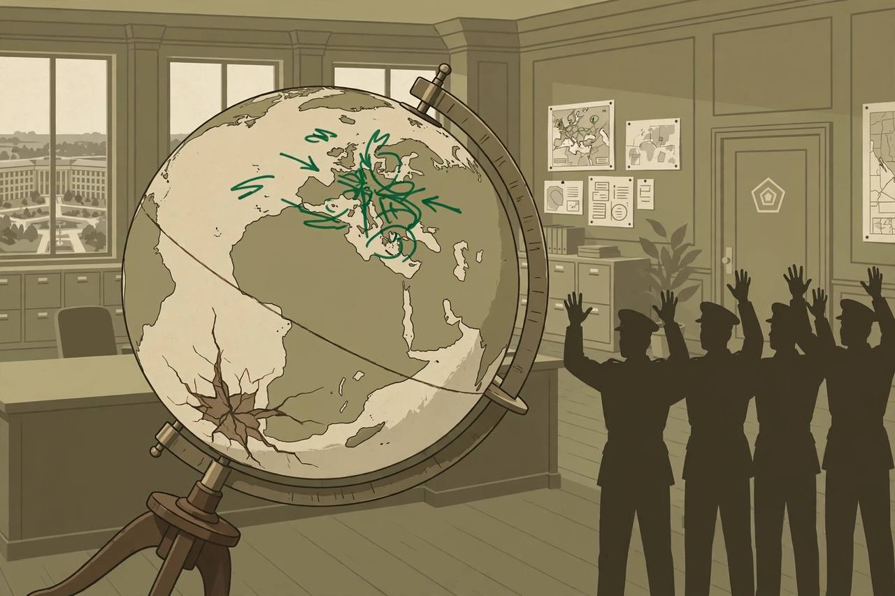 Editorial illustration of a large vintage floor globe with green wartime markings and a crack near its base inside a formal office, generic staff silhouettes in the background, flat style, no real person depicted